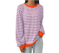 Keepink Damen-Sweatshirt, Übergröße, langärmelig, Farbblock, gestreift, Pullover, Top, lässig, Rundhalsausschnitt, Y2K, Sportkleidung, Herbst, Damen-Sweatshirt, Größe 36-50, 2 x Pink, 46