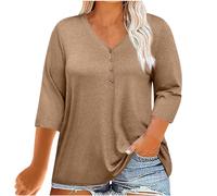 Keepink Damen-T-Shirt, 3/4-Ärmel, halber Knopf, V-Ausschnitt, Tunika, Tops, Baggy, einfarbig, Arbeit, elegante Hemden, Sommer, Herbst, Pullover, Bluse, Übergröße, Tops für Damen, 46-54, 2 x Khaki, 52