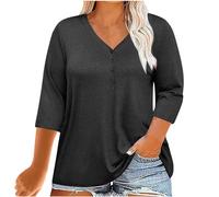 Keepink Damen-T-Shirt, 3/4-Ärmel, halber Knopf, V-Ausschnitt, Tunika, Tops, Baggy, einfarbig, Arbeit, elegante Hemden, Sommer, Herbst, Pullover, Bluse, Übergröße, Tops für Damen, 46-54, 2 x