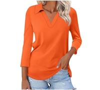 Keepink Damen-T-Shirts, 3/4-Ärmel, V-Ausschnitt, lässig, Tunika, Tops, einfarbig, Basic-Shirt, lockerer Kragen, elegante Bluse, elegante Arbeit, Büro, Top, Pullover, T-Shirts, 1 orange, 40