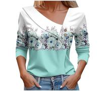 Keepink Damen-Top, 3/4-Ärmel, elegant, Blumendruck, V-Ausschnitt, lockere Passform, Tunika-Bluse, elegante Freizeithemden, Sweatshirt, Pullover, Übergröße 36-46, 2 x Mintgrün, 34