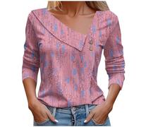 Keepink Damen-Top, 3/4-Ärmel, elegant, Blumendruck, V-Ausschnitt, lockere Passform, Tunika-Bluse, elegante Freizeithemden, Sweatshirt, Pullover, Übergröße 36-46, 4 x Pink, 34