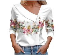 Keepink Damen-Top, 3/4-Ärmel, elegant, Blumendruck, V-Ausschnitt, lockere Passform, Tunika-Bluse, elegante Freizeithemden, Sweatshirt, Pullover, Übergröße 36-46, 5 x Weiß, 34