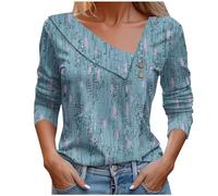 Keepink Damen-Top, 3/4-Ärmel, elegant, Blumendruck, V-Ausschnitt, lockere Passform, Tunika-Bluse, elegante Freizeithemden, Sweatshirt, Pullover, Übergröße 36-46, 4 x Blau, 14