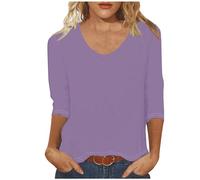 Keepink Damen-Top, 3/4-Ärmel, V-Ausschnitt, lässig, einfarbig, Tunika, Top, Dreiviertel-Länge, Sommerpullover, Baumwolle, Basic-T-Shirt, Damenblusen, elegante Arbeit, Büro, 4 Lila, 40