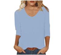 Keepink Damen-Top, 3/4-Ärmel, V-Ausschnitt, lässig, einfarbig, Tunika, Top, Dreiviertel-Länge, Sommerpullover, Baumwolle, Basic-T-Shirt, Damenblusen, elegante Arbeit, Büro, 4 Himmelblau, 44