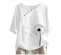 Keepink Damen-Top, lässig, lockere Passform, Baumwolle, Leinen, Tunika, Tops für Damen, UK-Kurzarm, Knopfleiste, Blusen und Hemden, Blumenmuster, Löwenzahn-T-Shirts, Sommer, elegant, eleganter