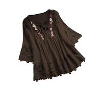 Keepink Damen-Tops aus Baumwollleinen, bestickt, 3/4-Ärmel, Sommerblusen, elegante Hemden, Spitzen-T-Shirts, Baggy, lange Tunika, T-Shirts, Boho, Bauernbluse, trendige Kleidung, 8 Braun, 56