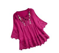 Keepink Damen-Tops aus Baumwollleinen, bestickt, 3/4-Ärmel, Sommerblusen, elegante Hemden, Spitzen-T-Shirts, Baggy, lange Tunika, T-Shirts, Boho, Bauernbluse, trendige Kleidung, 7 x Hot Pink, 48
