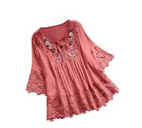 Keepink Damen-Tops aus Baumwollleinen, bestickt, 3/4-Ärmel, Sommerblusen, elegante Hemden, Spitzen-T-Shirts, Baggy, lange Tunika, T-Shirts, Boho, Bauernbluse, trendige Kleidung, 7 x Pink, 50