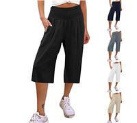 Keepink Damenhose, Capri-Leinenhose, Sommer, lässig, elastisch, hohe Taille, gerades Bein, kurze Hose, bequeme Lounge-Hose, Damen-Trainingshose, kurz, Übergröße 36-46, 1 Schwarz, 34