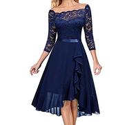 Keepink Damenkleid, 3/4-Ärmel, Rüschen, Ballkleider, Vintage, Blumenspitze, Chiffon-Kleid, elegantes Midi-Kleid, Hochzeitsgäste, Brautjungfernkleid, formelles Abendkleid, Partykleid, 1 x Marineblau,