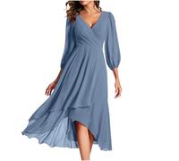 Keepink Damenkleider Größe 36/46, Chiffon, Hochzeitsgästekleid, V-Ausschnitt, Wickelkleid, hohe Taille, elegantes Langarmkleid, formelles langes Kleid, Abendkleid, Partykleid, Brautmutter-Outfits, 1 x