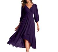 Keepink Damenkleider Größe 36/46, Chiffon, Hochzeitsgästekleid, V-Ausschnitt, Wickelkleid, hohe Taille, elegantes Langarmkleid, formelles langes Kleid, Abendkleid, Partykleid, Brautmutter-Outfits, 1 x