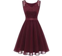 Keepink Damenkleider, Partykleider für Damen, knielang, ärmellos, Vintage, Spitze, Kontrast, Chiffon, Rüschen, klassisch, Party, ausgestelltes Swing-Kleid, Anlass, Cocktailkleider, 1 x Weinrot, 42