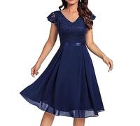 Keepink Damenkleider, Partykleider für Damen, knielang, ärmellos, Vintage, Spitze, Kontrast, Chiffon, Rüschen, klassisch, Party, ausgestelltes Swing-Kleid, Anlass, Cocktailkleider, 4 x Marineblau, 38