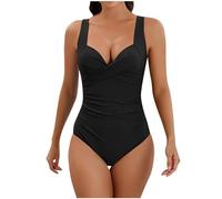 Keepink Einteiliger Badeanzug für Damen, Sommer, V-Ausschnitt, trendig, vorne gekreuzt, gerüscht, Monokini, elegant, einfarbig, volle Abdeckung, bescheidener Body, Bademode, 1-schwarz, XL