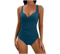Keepink Einteiliger Badeanzug für Damen, Sommer, V-Ausschnitt, trendig, vorne gekreuzt, gerüscht, Monokini, elegant, einfarbig, volle Abdeckung, bescheidener Body, Bademode, 1-navy, L
