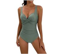 Keepink Einteiliger Badeanzug für Damen, Sommer, V-Ausschnitt, trendig, vorne gekreuzt, gerüscht, Monokini, elegant, einfarbig, volle Abdeckung, bescheidener Body, Bademode, 1-army grün, 52