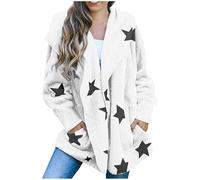 Keepink Fleece-Jacke für Damen, Wintermantel, Plüsch, lockerer Stern, bedruckt, lässig, langärmelig, mit Kapuze, lange flauschige Strickjacke, warme Kunstpelzmäntel, Oberbekleidung, Taschen,
