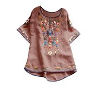 Keepink Going Out Tops besticktes mexikanisches Oberteil für Frauen Bauernbluse Mexiko Sommerhemd Baumwolle Leinen Kurzarm T-Shirts Boho Lange Tunika Shirts Casual T-Shirt 36-46 Ausverkauf, 2 x Pink