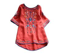 Keepink Going Out Tops Besticktes mexikanisches Oberteil für Frauen Bauernbluse Mexiko Sommerhemd Baumwolle Leinen Kurzarm T-Shirts Boho Lange Tunika Shirts Casual T Shirt 8-18 Clearance, 1 x Rot, 40