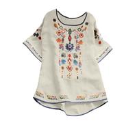 Keepink Going Out Tops Besticktes mexikanisches Oberteil für Frauen Bauernbluse Mexiko Sommerhemd Baumwolle Leinen Kurzarm T-Shirts Boho Lange Tunika Shirts Casual T-Shirt 8-18 Clearance, 2 x Beige,