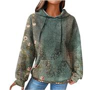 Keepink Hoodies für Damen, lässig, bedruckt, Waffelmuster, einfarbig, übergroß, modisch, Kapuzen-Sweatshirt, langärmelig, Pullover, lässig, Winter, Herbst, Tops mit Kordelzug, 098 Army Green, L