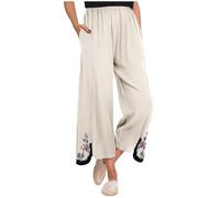 Keepink Hose für Damen, bestickt, Leinen, elastische Taille, weites, gerades Bein, Sweapants, leger, Baggy, Palazzo-Hose mit Taschen, Bohemian-Stil, Strand, Urlaub, Trainingshose, 4 Beige, S