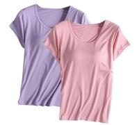 Keepink Integriertes BH-Top, Übergröße, Multipack, einfarbig, Rundhalsausschnitt, kurze Ärmel, T-Shirt, Fitnessstudio, Basic, athletisch, Lounge, Homewear bequem, weich, Pyjama, S-4XL, 2 Stück, 38 x