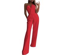 Keepink Jumpsuit für Damen, dehnbar, leicht, ärmellos, trägerlos, V-Ausschnitt, weites Bein, fließender Strampler, Sommer-Overall, Urlaub, Party, Club, Hochzeit, 021 Rot, 36
