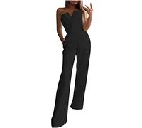 Keepink Jumpsuit für Damen, dehnbar, leicht, ärmellos, trägerlos, V-Ausschnitt, weites Bein, fließender Strampler, Sommer-Overall, Urlaub, Party, Club, Hochzeit, 021 Schwarz, 36