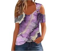 Keepink Kalte Schulter-Tops für Damen, Tunika, Hemd, V-Ausschnitt, Sommer-Top, atmungsaktiv, hohles Out-Hemd mit Ösen, locker, Business, Freizeit, elegante Blusen, Urlaubs-Outfits, 9 lila, S