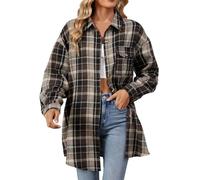 Keepink Kariertes Damen-Hemd, Flanell, kariert, langärmelig, klassische Passform, Blusen, lässig, Knopfleiste, lange Jacke, Shacket übergroße Strickjacken, Übergröße 36/46, 4 x Kaffee, 42