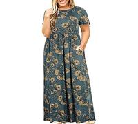 Keepink Kleider in Übergröße für Damen, Größe 48-56, florales Kurzarm-Sommerkleid, Rundhalsausschnitt, Empire-Taille, Swing-Kleid, fließendes Boho-Maxikleid, Hochzeitsgästekleid, Party-Abendkleider, 1