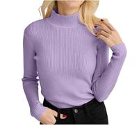 Keepink Langärmeliges Damen-Top, leichte Pullover, einfarbig, Sweatshirts, Stehkragen, schmale Passform, Basic-Pullover, dünne Rippstrick-Thermo-T-Shirts, modischer Pullover, Herbst Y2K, 1 x Violett,