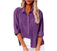Keepink Langärmeliges Oberteil für Damen, Baumwoll-Leinen, Button-Down-Shirt, einfarbig, V-Ausschnitt, lässige Blusen, elegant, Arbeit, Büro, elegantes Oberteil, klassische Tunika-Bluse, T-Shirts,