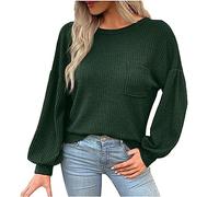 Keepink Langärmeliges Oberteil für Damen, einfarbig, Waffelstrick-Shirt, Pullover, Puff, lange Ärmel, Baggy-Tunika, T-Shirt, Rückenausschnitt, Sweatshirts, Damen, Herbst, Rundhalsausschnitt, elegante