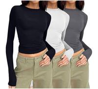 Keepink Langarm-Tops für Damen, Multipack, 2 Stück/3 Stück, Basic-T-Shirt, einfarbig, schmale Passform, bauchfreies Top, Rundhalsausschnitt, athletische Passform, T-Shirts, enge T-Shirts, Y2K,