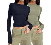 Keepink Langarm-Tops für Damen, Multipack, 2 Stück/3 Stück, Basic-T-Shirt, einfarbig, schmale Passform, bauchfreies Top, Rundhalsausschnitt, athletische Passform, T-Shirts, enge T-Shirts, Y2K,