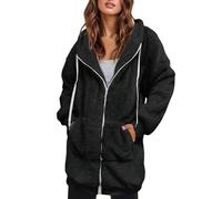 Keepink Lange Kapuzen-Sweatshirts für Damen, mit Reißverschluss, Fleece-Jacken, lässig, doppelt flauschig, Thermo-Kapuzen-Sweatshirts mit Taschen, Herbst-Winter-Übermantel, Übergröße, Damenmäntel