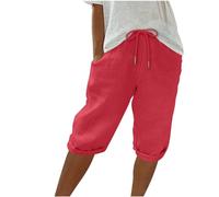 Keepink Leinen-Shorts für Damen, elastische Taille, knielang, Sommer-Shorts, weites Bein, Lounge-Bermuda-Shorts, Sweat-Shorts, lange Shorts, sportliche kurze Jogginghose, Größe S-3XL, 3 x Rot, 40