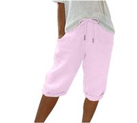 Keepink Leinen-Shorts für Damen, elastische Taille, knielang, Sommer-Shorts, weites Bein, Lounge-Bermuda-Shorts, Sweat-Shorts, lange Shorts, sportliche kurze Jogginghose, Größe S-3XL, 4 Rosa, 38