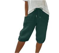 Keepink Leinen-Shorts für Damen, elastische Taille, knielang, Sommer-Shorts, weites Bein, Lounge-Bermuda-Shorts, Sweat-Shorts, lange Shorts, sportliche kurze Jogginghose, Größe S-3XL, 3 x Grün, 44