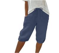 Keepink Leinen-Shorts für Damen, elastische Taille, knielang, Sommer-Shorts, weites Bein, Lounge-Bermuda-Shorts, Sweat-Shorts, lange Shorts, sportliche kurze Jogginghose, Größe S-3XL, 2 x Dunkelblau,