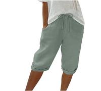 Keepink Leinen-Shorts für Damen, elastische Taille, knielang, Sommer-Shorts, weites Bein, Lounge-Bermuda-Shorts, Sweat-Shorts, lange Shorts, sportliche kurze Jogginghose, Größe S-3XL, 6 Grün, 38