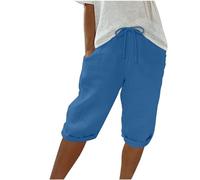 Keepink Leinen-Shorts für Damen, elastische Taille, knielang, Sommer-Shorts, weites Bein, Lounge-Bermuda-Shorts, Sweat-Shorts, lange Shorts, sportliche kurze Jogginghose, Größe S-3XL, 6 Blau, 44