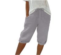 Keepink Leinen-Shorts für Damen, elastische Taille, knielang, Sommer-Shorts, weites Bein, Lounge-Bermuda-Shorts, Sweat-Shorts, lange Shorts, sportliche kurze Jogginghose, Größe S-3XL, 1 x Grau, 40