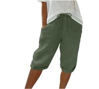 Keepink Leinen-Shorts für Damen, elastische Taille, knielang, Sommer-Shorts, weites Bein, Lounge-Bermuda-Shorts, Sweat-Shorts, lange Shorts, sportliche kurze Jogginghose, Größe S-3XL, 1 x Armeegrün,