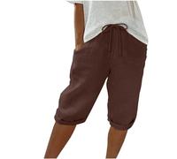 Keepink Leinen-Shorts für Damen, elastische Taille, knielang, Sommer-Shorts, weites Bein, Lounge-Bermuda-Shorts, Sweat-Shorts, lange Shorts, sportliche kurze Jogginghose, Größe S-3XL, 6 Kaffee, 42